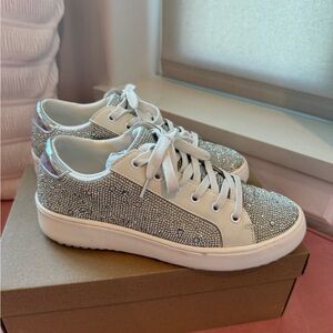 Steve Madden Silver Crystal-Embellished Lace-Up Sneakers